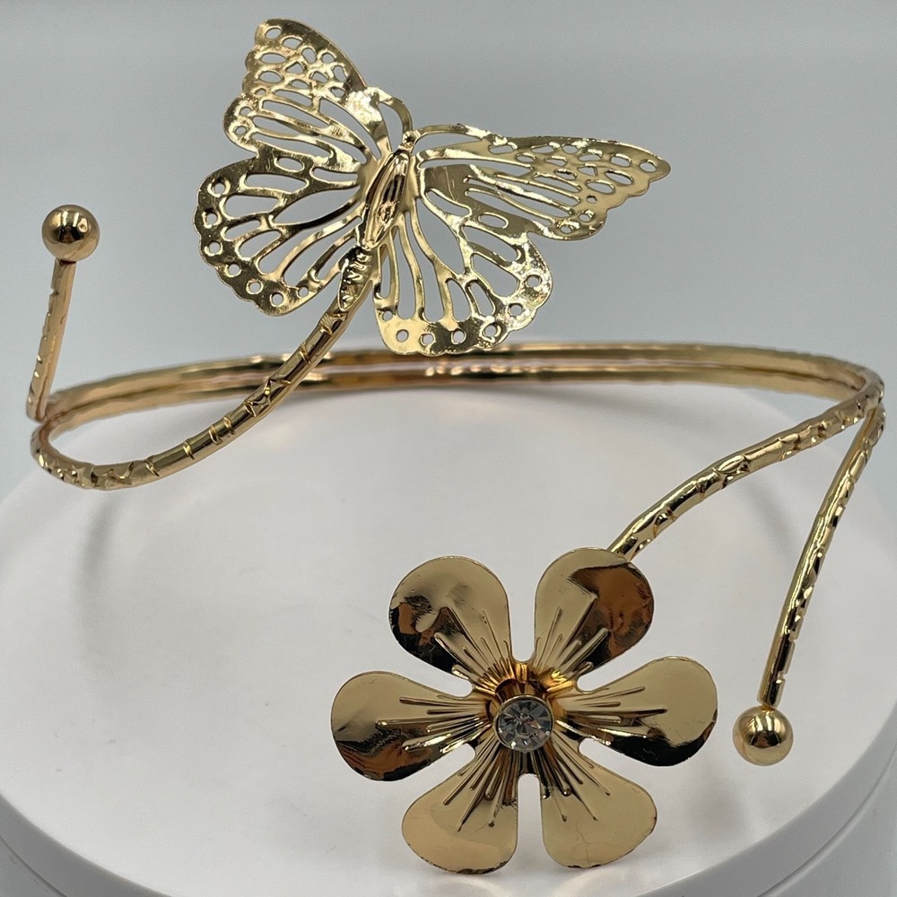 Vintage Y2K Gold Tone Filigree Butterfly Flower Bypass Cuff Upper Arm Bracelet